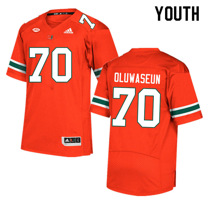 Youth #70 Justice Oluwaseun Miami Hurricanes College Football Jerseys Sale-Orange - Click Image to Close